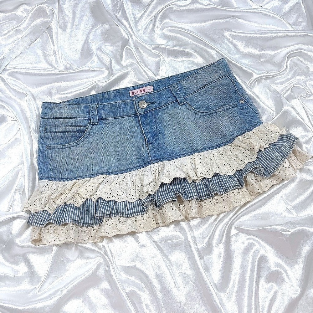y2k Supre Ruffle Mini Skirt Blue Eyelet Lace Pinstripe Tiered Denim